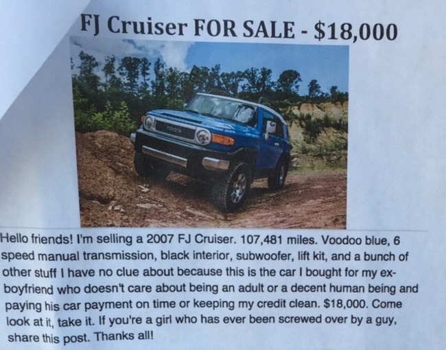 off roading - Fj Cruiser For Sale $18,000 Hello friends! I'm selling a 2007 Fj Cruiser. 107,481 miles. Voodoo blue, 6 speed manual transmission, black interior, subwoofer, lift kit, and a bunch of other stuff I have no clue about because this is the car I