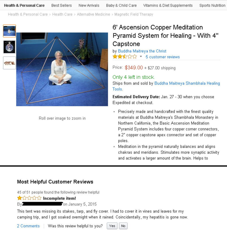 amazon reviews - web page - Health & Personal Care Best Sellers New Avals Baby & Child Care Vitamins & Diet e ments Sports Nutrition 6' Ascension Copper Meditation Pyramid System for Healing With 4" Capstone by Buddha Maitreya the Christ 5 customer review