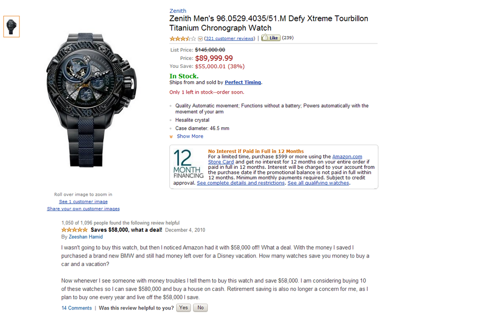 amazon reviews - zenith men's 96.0529 4035 51 - Zenith Zenith Men's 96.0529.403551.M Defy Xtreme Tourbillon Titanium Chronograph Watch 321 customer reviews 239 List Price $145,000.00 Price $89,999.99 You Save $55,000.01 38% In Stock. Ships from and sold b