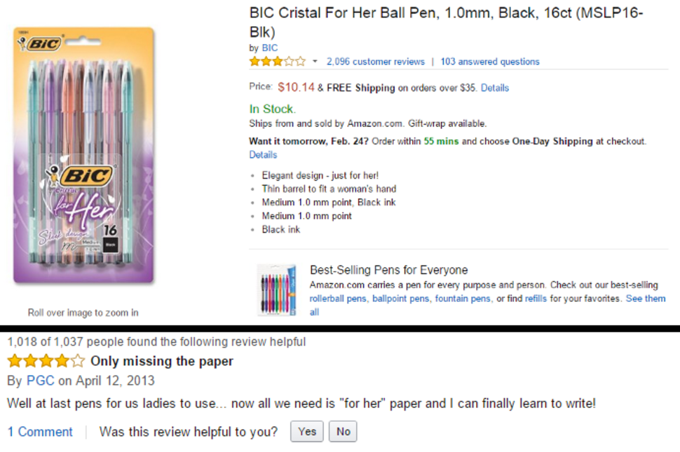 amazon reviews - bic cristal - Bic Bic Cristal For Her Ball Pen, 1.0mm, Black, 16ct Mslp 16 Blk by Bic 2,096 customer reviews | 103 answered questions Price $10.14 & Free Shipping on orders over $35. Details In Stock Ships from and sold by Amazon.com. Gif