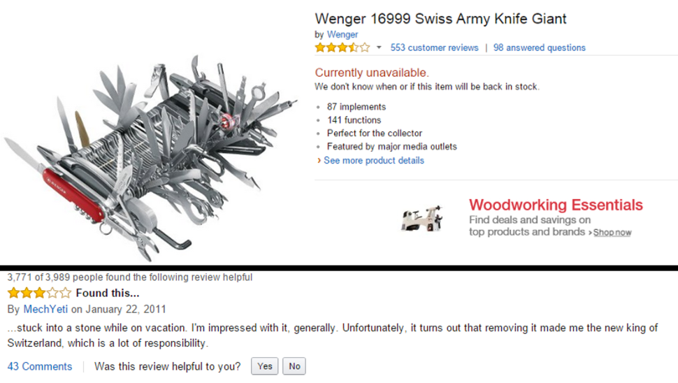 amazon reviews - tool - Wenger 16999 Swiss Army Knife Giant by Wenger 553 customer reviews 98 answered questions Currently unavailable. We don't know when or if this item will be back in stock 87 implements 141 functions Perfect for the collector Featured