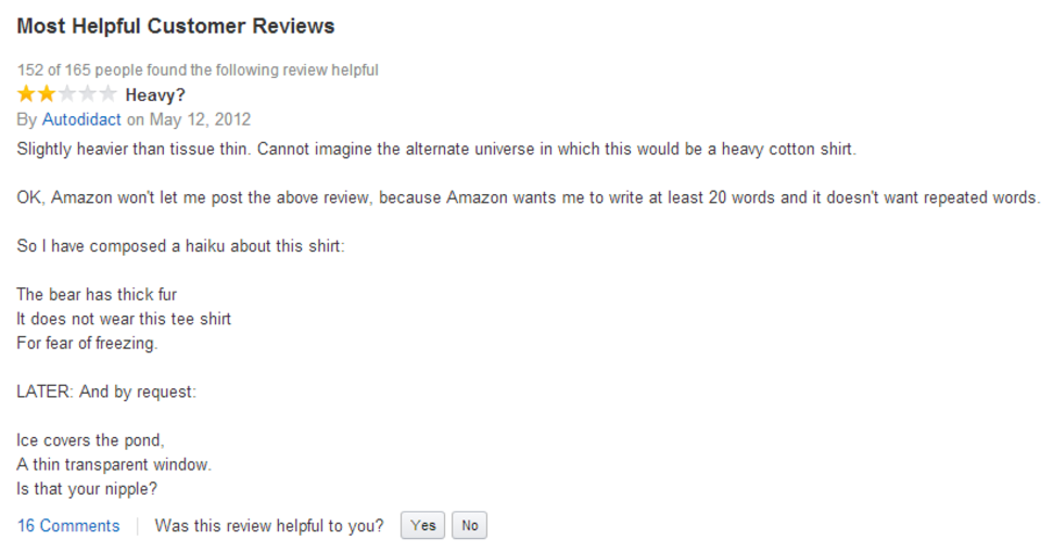 amazon reviews - following materials fall - Most Helpful Customer Reviews 152 of 165 people found the ing review helpful Heavy? By Autodidact on Slightly heavier than tissue thin. Cannot imagine the alternate universe in which this would be a heavy cotton