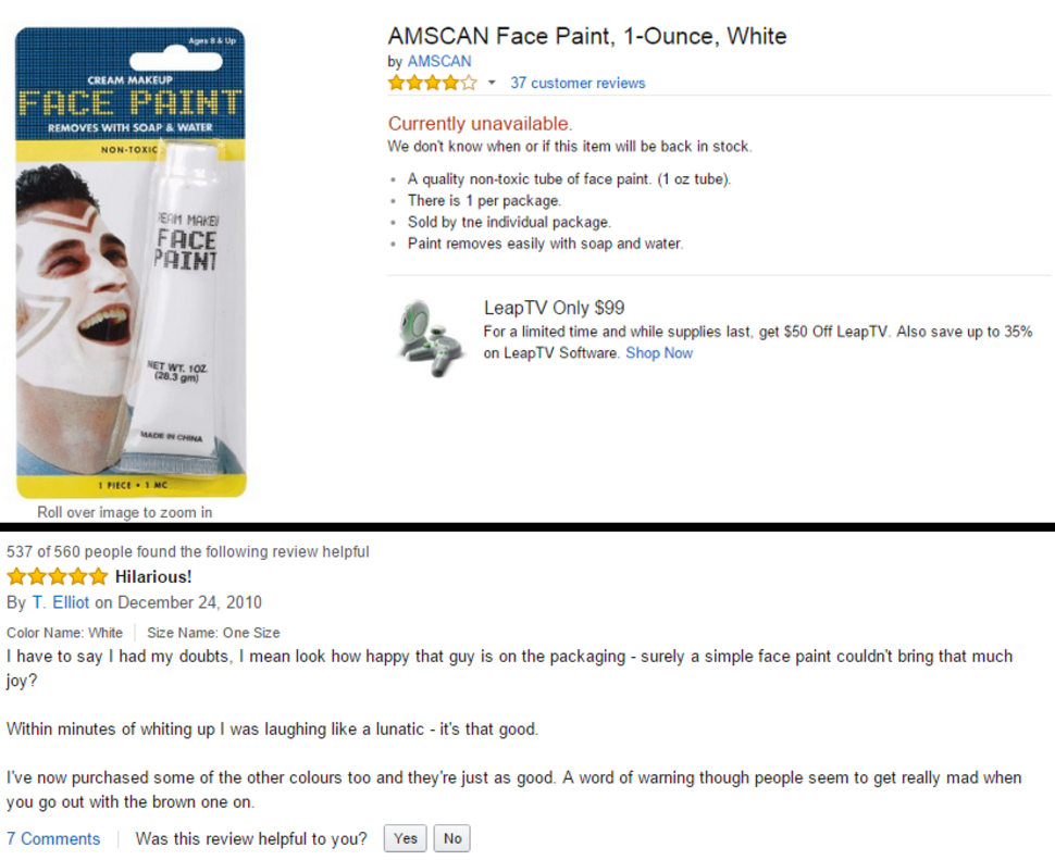 amazon reviews - hilarious reviews - Amscan Face Paint, 1Ounce, White by Amscan 37 customer reviews Cream Makeup Face Paint Removes With Soap & Water Currently unavailable. We don't know when or if this item will be back in stock NonToxic Eam Make Face Pa