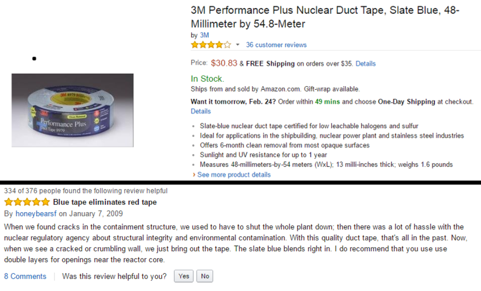 amazon reviews - 3M Performance Plus Nuclear Duct Tape, Slate Blue, 48 Millimeter by 54.8Meter by 3M 36 customer reviews Price $30.83 & Free Shipping on orders over $35. Details In Stock Ships from and sold by Amazon.com. Giftwrap available. Want it tomor