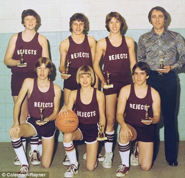 Brad Pitt (front row center) with his childhood basketball team the Cherokee Rejects. [1977]-Brad, then aged 14, came up with the tongue-in-cheek name and even hired his dad Bill to coach them.