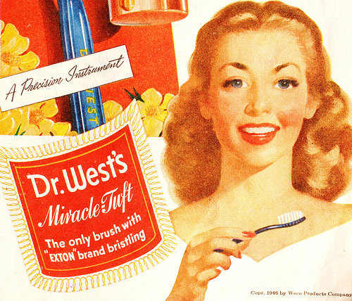 first nylon toothbrush - A Maecision Imatrument Fes Www Dr.West's Miracle Tuft oldu he only brush with Exton brand brist 200m Copr. 1946 by Weco Product Company