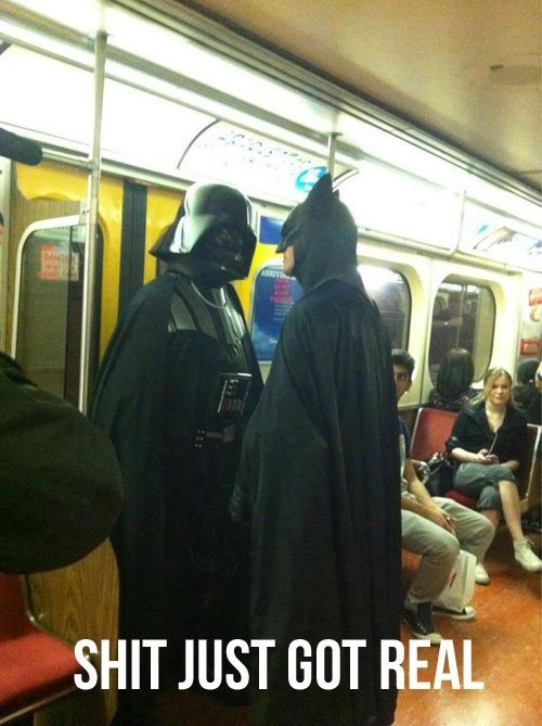 batman and darth vader on subway - Shit Just Got Real