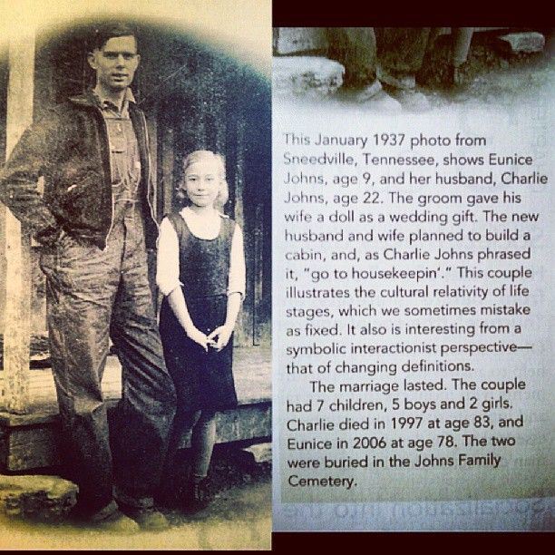 minor attracted person art - This photo from Sneedville, Tennessee, shows Eunice Johns, age 9, and her husband, Charlie Johns, age 22. The groom gave his wife a doll as a wedding gift. The new husband and wife planned to build a cabin, and, as Charlie Joh