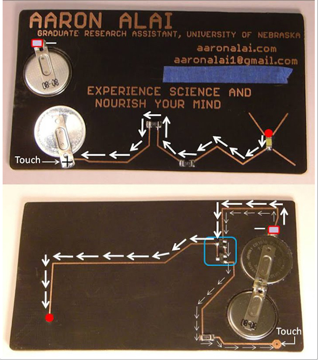 This business card is fully operational and shows how transistors amplify current.