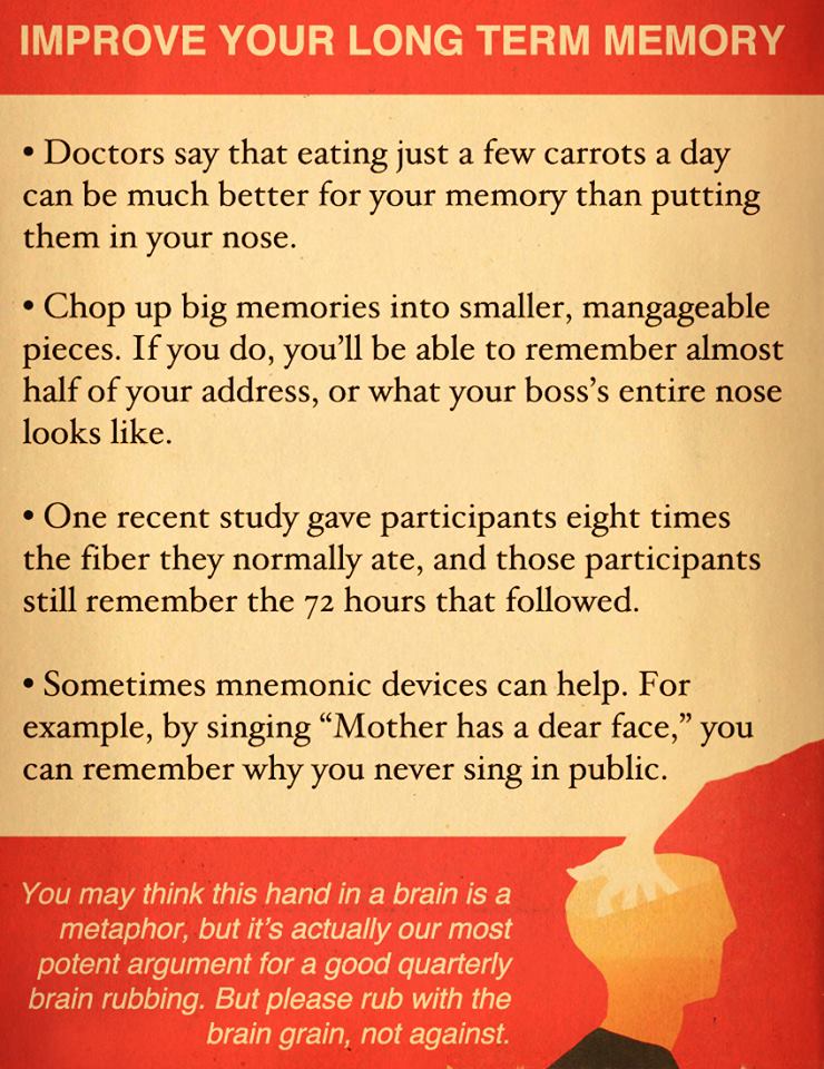 orange - Improve Your Long Term Memory Doctors say that eating just a few carrots a day can be much better for your memory than putting them in your nose. Chop up big memories into smaller, mangageable pieces. If you do, you'll be able to remember almost 