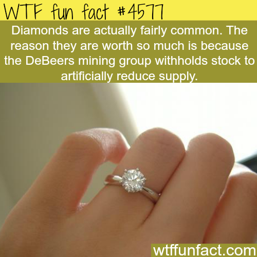 interesting wtf fun true facts fun fact - Wtf fun fact Diamonds are actually fairly common. The reason they are worth so much is because the DeBeers mining group withholds stock to artificially reduce supply. wtffunfact.com