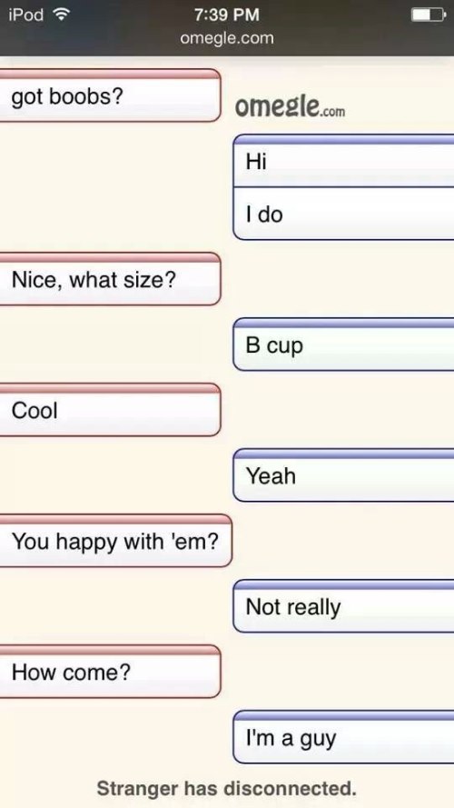 start a conversation on dating sites - iPod omegle.com got boobs? omegle.com Hi I do Nice, what size? Cool Yeah You happy with 'em? Not really How come? I'm a guy Stranger has disconnected.