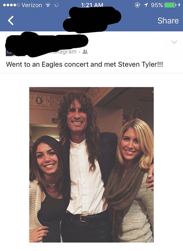 people who thought they met celebrities - ...Verizon @ 1 95% Os instagram. Went to an Eagles concert and met Steven Tyler!!!