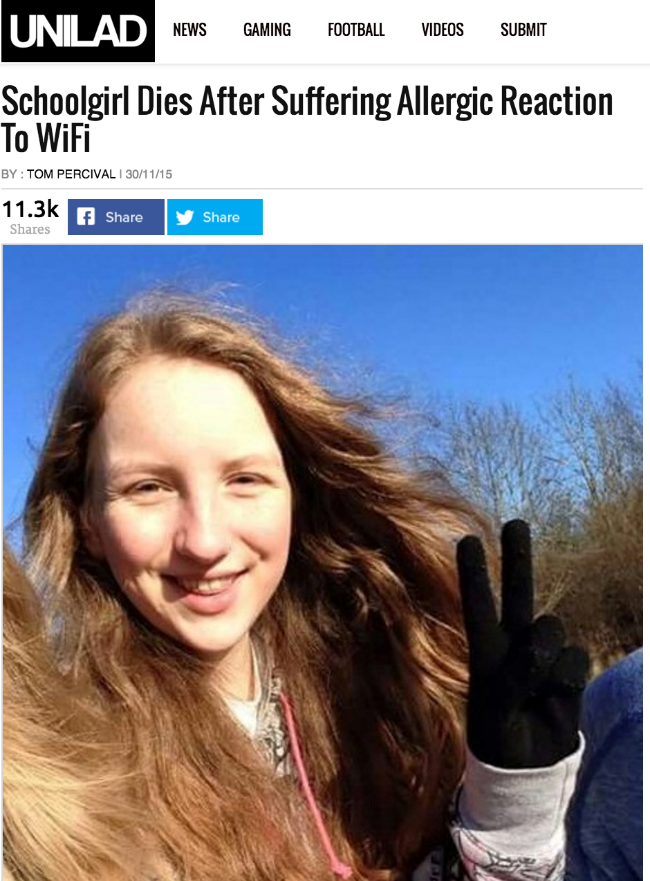 girl allergic to wifi - Iunilad News Gaming Football Videos Submit Schoolgirl Dies After Suffering Allergic Reaction To WiFi By Tom Percival 1301115