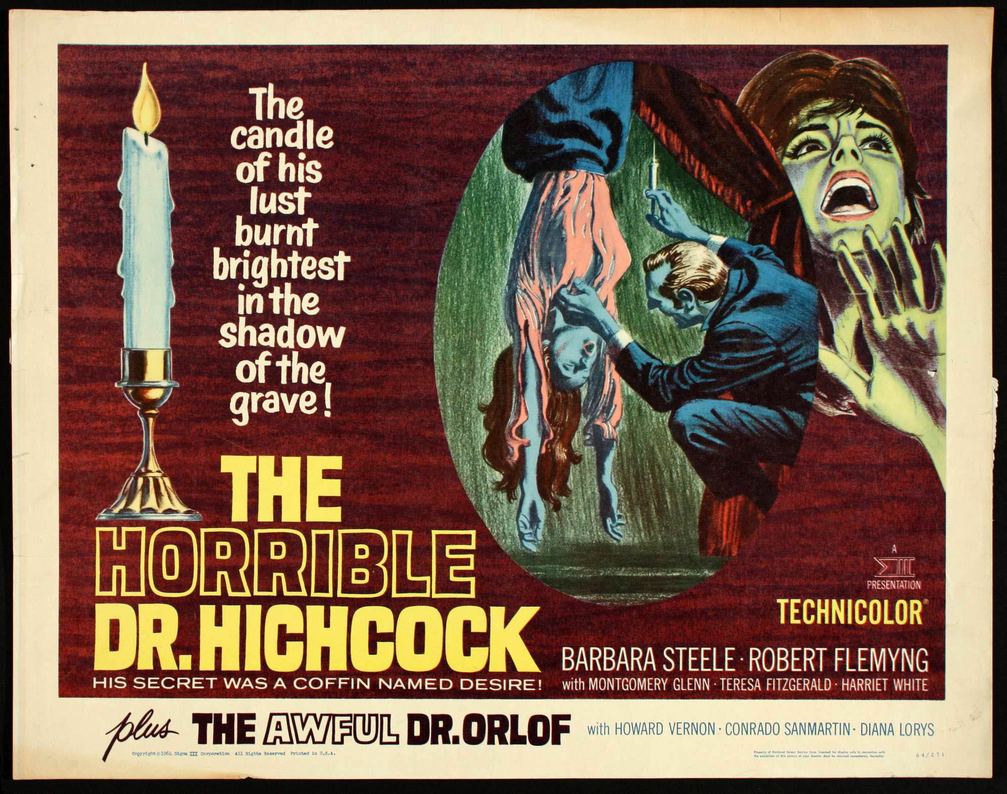The Horrible Dr. Hichcock -The year is 1885, and necrophiliac Dr. Hitchcock likes to drug his wife for sexual funeral games. One day he accidentally administers an overdose and kills her. He leaves his home shattered. Several years later he remarries and returns. Discovering that his still beloved first wife is alive but insane and prematurely aged, he plans to use the blood of his new bride to rejuvenate and heal her.