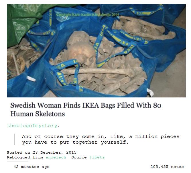 ikea bag of bones meme - Cortisht Kicki Karln Kisse Swedish Woman Finds Ikea Bags Filled With 80 Human Skeletons theblogofmystery And of course they come in, , a million pieces you have to put together yourself. Posted on Reblogged from endelech Source ti