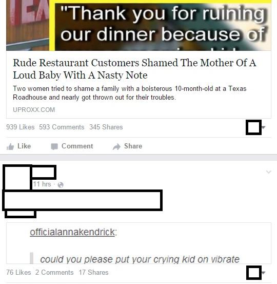 funny tumblr comments - "Thank you for ruining our dinner because of Rude Restaurant Customers Shamed The Mother Of A Loud Baby With A Nasty Note Two women tried to shame a family with a boisterous 10monthold at a Texas Roadhouse and nearly got thrown out