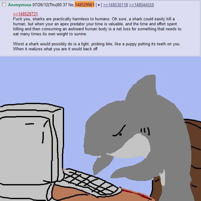 sharks posting 4chan - | | Anonymous 072612Thu No.148529961>>148530118 >>148544559 >>148529731 Fuck you, sharks are practically harmless to humans. Oh sure, a shark could easily kill a human, but when your an apex predator your time is valuable, and the t