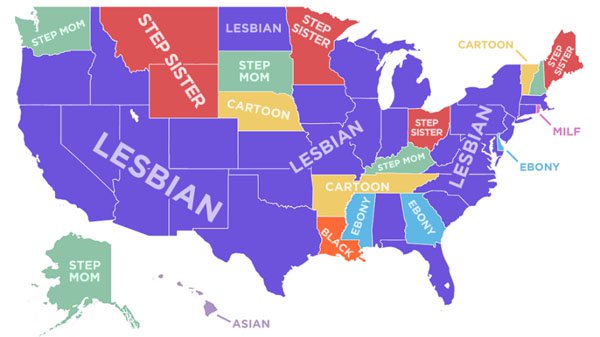 Lesbian came in 1st taking 30 states. Stepmom and stepsister tied for second with 4 states a piece. 3 states love their cartoons boinking each other...