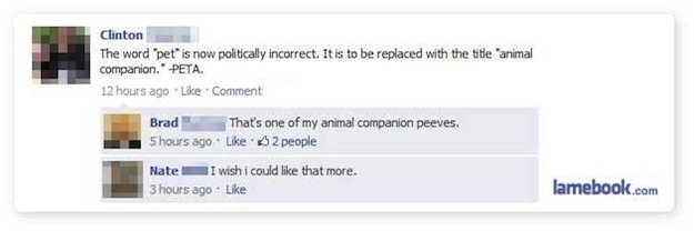 best facebook comebacks - Clinton The word 'pet' is now politically incorrect. It is to be replaced with the title animal companion. Peta. 12 hours ago Comment Brad That's one of my animal companion peeves. 5 hours ago 2 people Nate I wish i could that mo