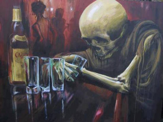 sad skeleton drinking