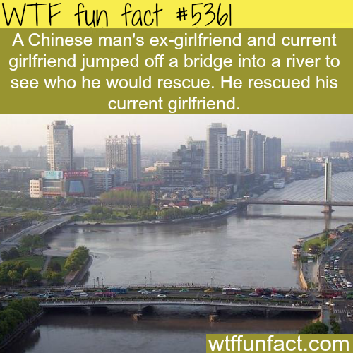 wtf facts - xuancheng china - Wtf fun fact . A Chinese man's exgirlfriend and current girlfriend jumped off a bridge into a river to see who he would rescue. He rescued his current girlfriend. wtffunfact.com