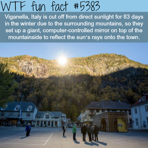 wtf facts - norway mirrors on mountain - Wtf fun fact Viganella, Italy is cut off from direct sunlight for 83 days in the winter due to the surrounding mountains, so they set up a giant, computercontrolled mirror on top of the mountainside to reflect the 