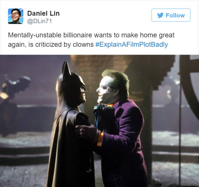 explain a film plot badly - Daniel Lin y Mentally unstable billionaire wants to make home great again, is criticized by clowns