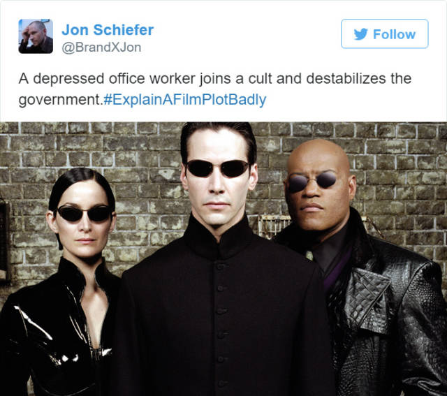 movies explained in one sentence - Jon Schiefer y A depressed office worker joins a cult and destabilizes the government. PlotBadly