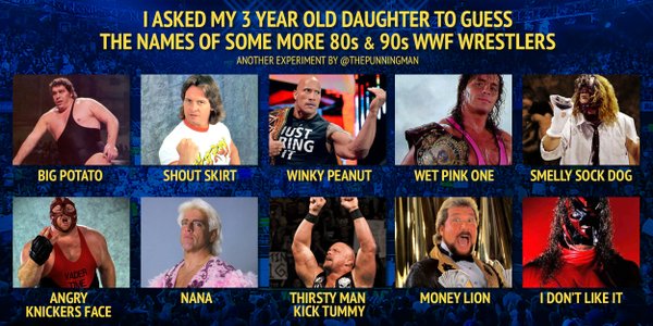 funny pic 80s 90s wwf - Tasked My 3 Year Old Daughter To Guess The Names Of Some More 80s & 90s Wwe Wrestlers Another Experiment By Ring Big Potato Shout Skirt Winky Peanut Wet Pink One Smelly Sock Dog Angry Knickers Face Nana Thirsty Man Kick Tummy Money