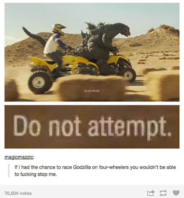 do not attempt meme - Do not mange Do not attempt. magicmazzic If I had the chance to race Godzilla on fourwheelers you wouldn't be able to fucking stop me. 70,504 notes