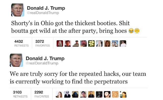 web page - Donald J. Trump Trump Shorty's in Ohio got the thickest booties. Shit boutta get wild at the after party, bring hoes 2 4432 3372 01 Dojo 4432 3372 Favorites Donald J. Trump Trump We are truly sorry for the repeated hacks, our team is currently 