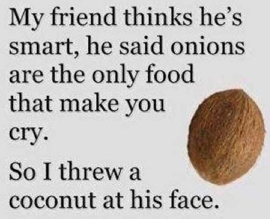 internet My friend thinks he's smart, he said onions are the only food that make you cry. So I threw a coconut at his face.