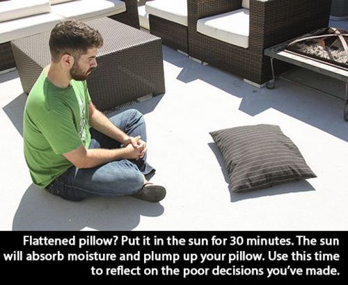 pillow life hacks - Flattened pillow? Put it in the sun for 30 minutes. The sun will absorb moisture and plump up your pillow. Use this time to reflect on the poor decisions you've made.