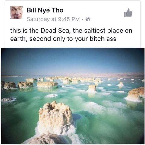 dead sea salty meme - Bill Nye Tho Saturday at this is the Dead Sea, the saltiest place on earth, second only to your bitch ass