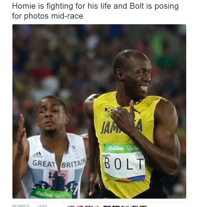 random pic funny usain bolt memes - Homie is fighting for his life and Bolt is posing for photos midrace Rio2016 Great Brita Bolt Foods Good