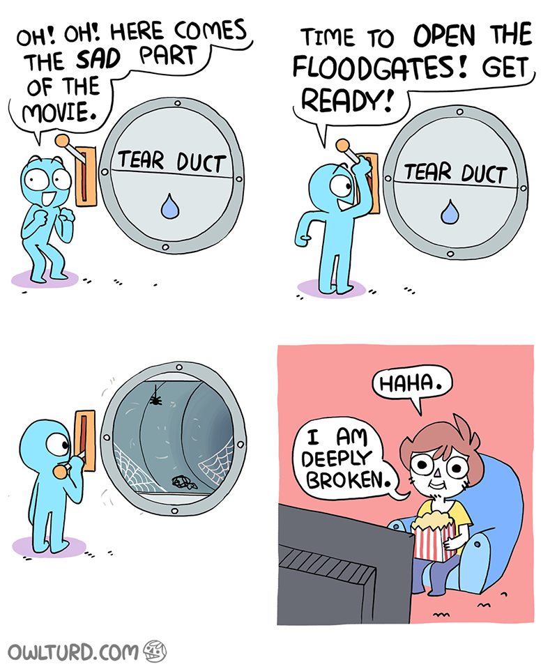 relatable comic meme - Oh! Oh! Here Comes The Sad Part Of The Movie. Time To Open The Floodgates! Get Ready! Va Tear Duct . Tear Duct . I Am Deeply Broken. 940 Owlturd.Com