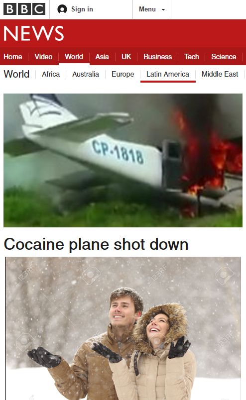 photo caption - Sign in Menu Bbc News Home Video World Asia Uk Business Tech Science World Africa Australia Europe Latin America Middle East Cp.1818 Cocaine plane shot down