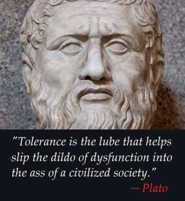 plato funny - "Tolerance is the lube that helps slip the dildo of dysfunction into the ass of a civilized society." Plato