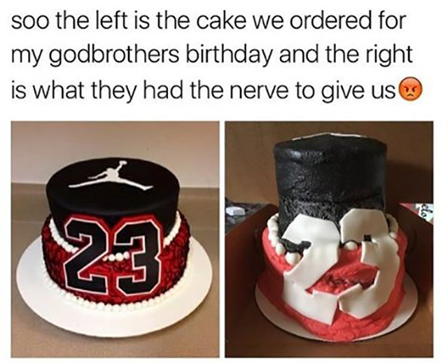used to disappointment - soo the left is the cake we ordered for my godbrothers birthday and the right is what they had the nerve to give us