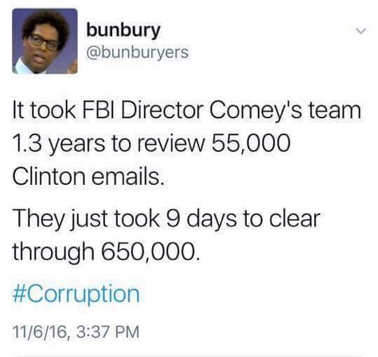 richard dawkins children - bunbury It took Fbi Director Comey's team 1.3 years to review 55,000 Clinton emails. They just took 9 days to clear through 650,000. 11616,