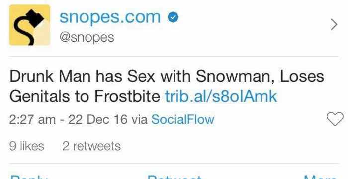 diagram - snopes.com Drunk Man has Sex with Snowman, Loses Genitals to Frostbite trib.als8olAmk 22 Dec 16 via SocialFlow 9 2