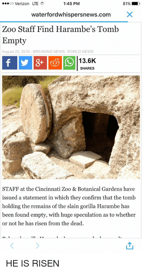 empty tomb of jesus - ..00 Verizon Lte 81% waterfordwhispersnews.com X Zoo Staff Find Harambe's Tomb Empty fy 8 | Breaking News, World News Staff at the Cincinnati Zoo & Botanical Gardens have issued a statement in which they confirm that the tomb holding