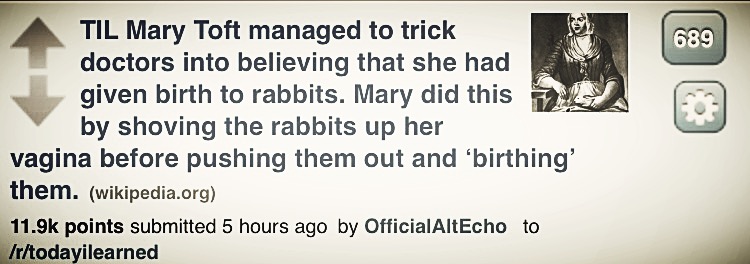 design - 689 Til Mary Toft managed to trick doctors into believing that she had given birth to rabbits. Mary did this by shoving the rabbits up her vagina before pushing them out and birthing' them. wikipedia.org points submitted 5 hours ago by Official A