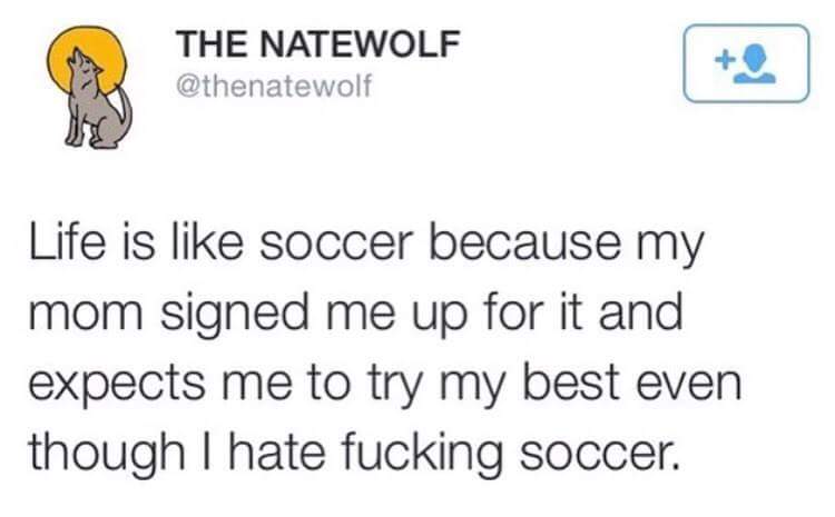 The Natewolf Life is soccer because my mom signed me up for it and expects me to try my best even though I hate fucking soccer.