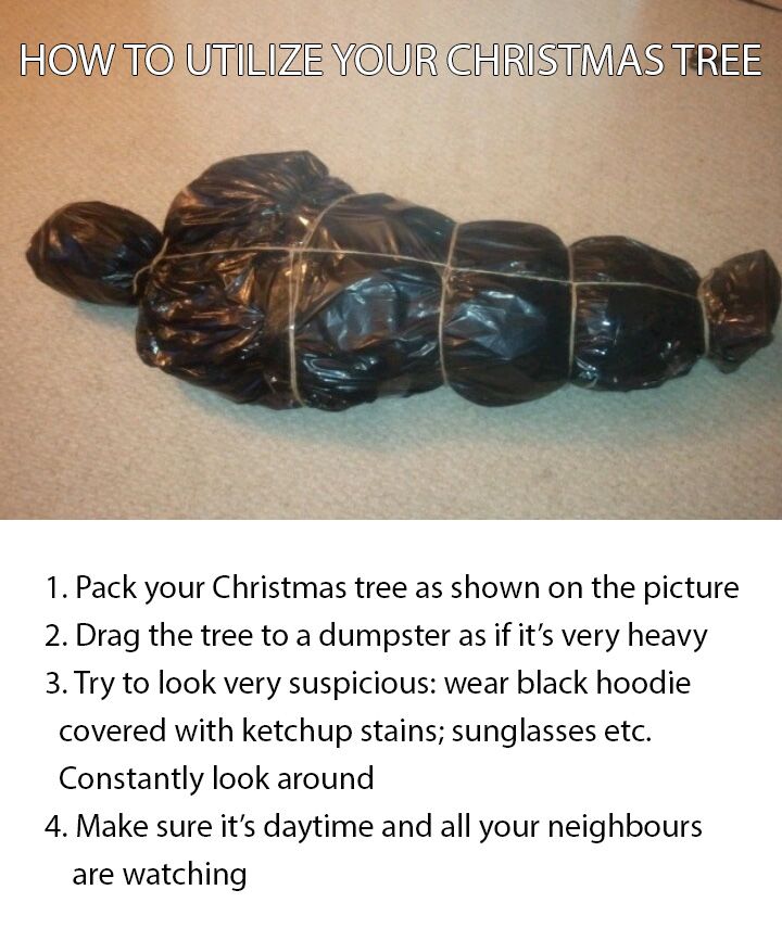 get rid of your christmas tree - How To Utilize Your Christmas Tree 1. Pack your Christmas tree as shown on the picture 2. Drag the tree to a dumpster as if it's very heavy 3. Try to look very suspicious wear black hoodie covered with ketchup stains; sung