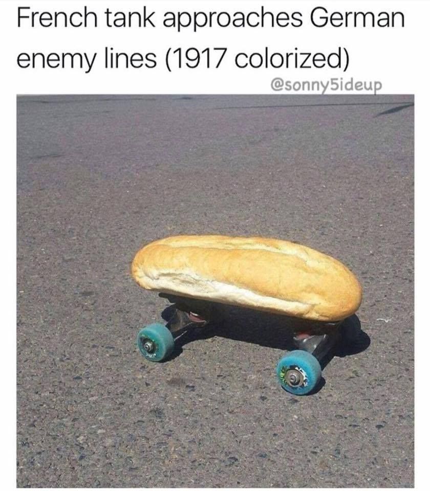 bread skateboard - French tank approaches German enemy lines 1917 colorized