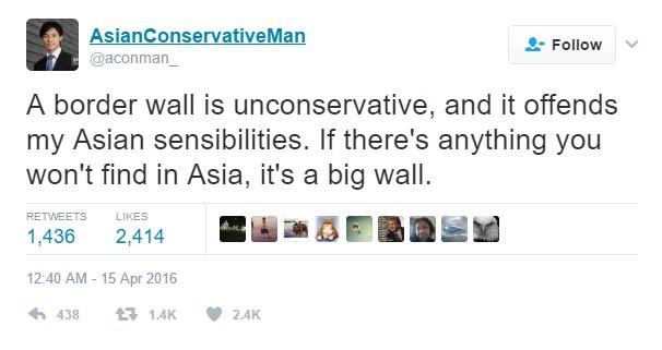 lady gaga kanye tweet - AsianConservative Man A border wall is unconservative, and it offends my Asian sensibilities. If there's anything you won't find in Asia, it's a big wall. 1,436 2,414 Suderdom 438 7