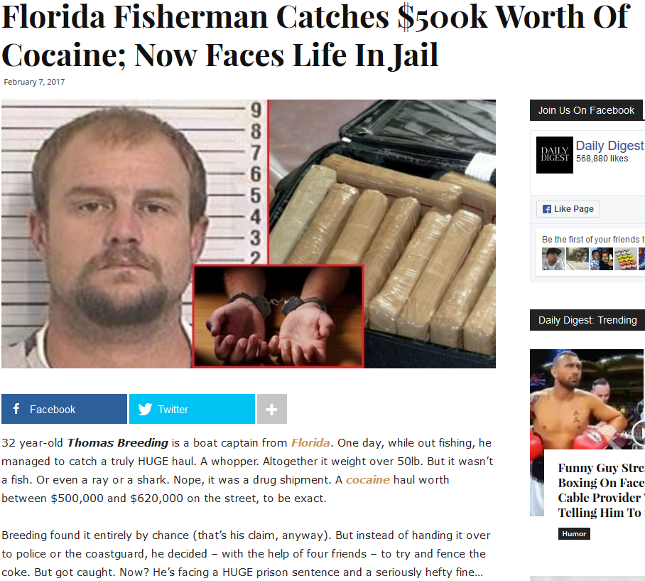 random muscle - Florida Fisherman Catches $5ook Worth Of Cocaine; Now Faces Life In Jail Join Us On Facebook Cod Daily Digest 558.880 Ks Page Wa Es the Srst of your friends Daily Digest Trending f Facebook V Twitter 32 yearold Thomas Breeding is a boat ca