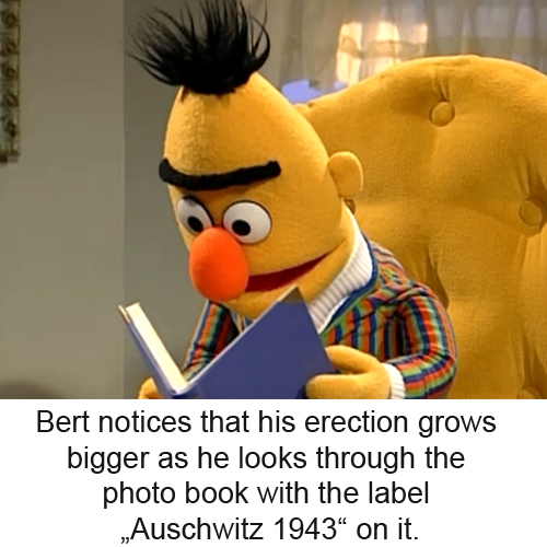 bert reading book - 919 Bert notices that his erection grows bigger as he looks through the photo book with the label Auschwitz 1943 on it.